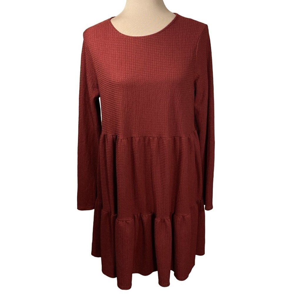 Lush Brick Red Long Sleeve Tiered Knit Dress